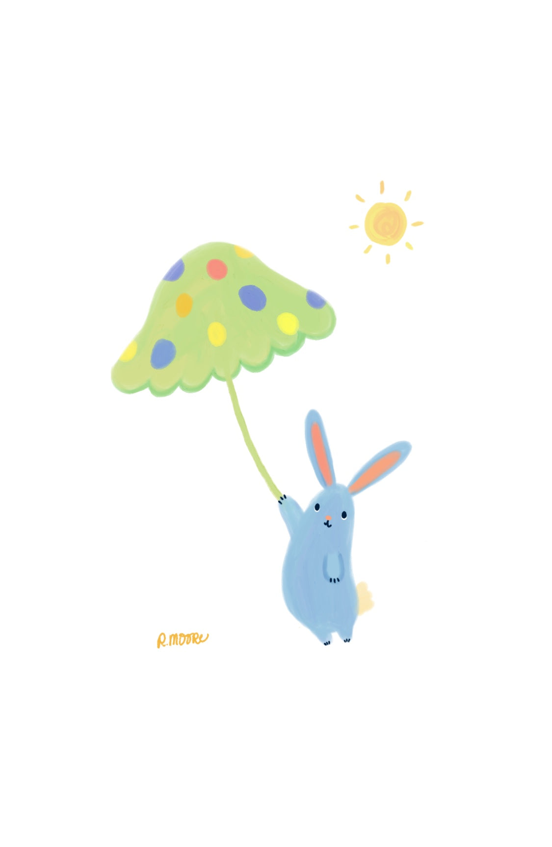 Bunnies with Ideas close up of the art print. Hand illustrated blue rabbit holding a toadstool umbrella against a white background. 