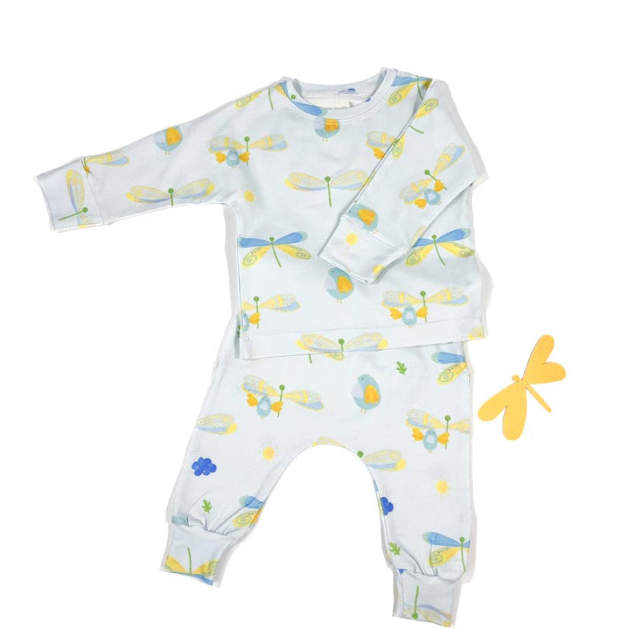 Two-piece organic cotton baby set featuring hand-drawn blue dragonflies and yellow birds on a pale blue background.