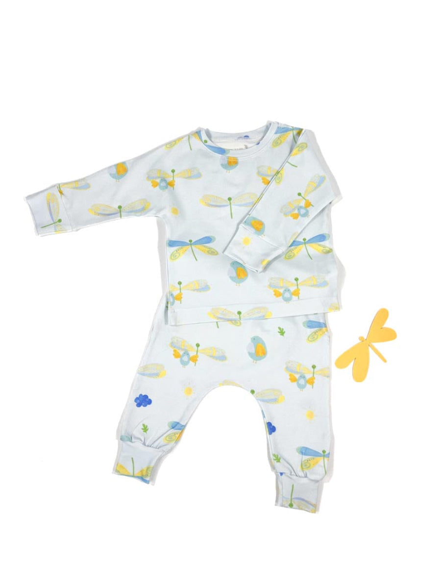 Two-piece organic cotton baby set featuring hand-drawn blue dragonflies and yellow birds on a pale blue background.