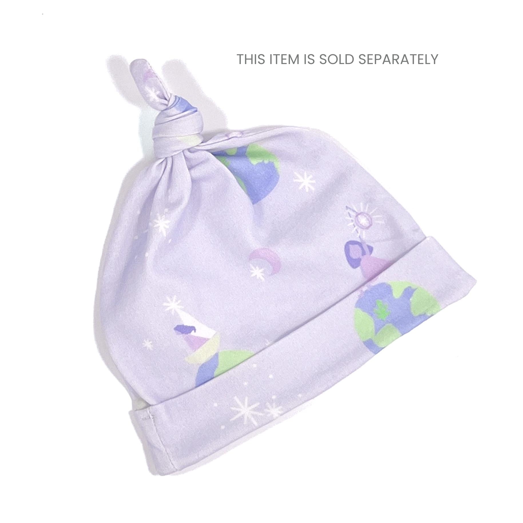 Knotted lavender organic baby beanie featuring the "Girl on Top of the World" hand-drawn stars and constellation pattern.