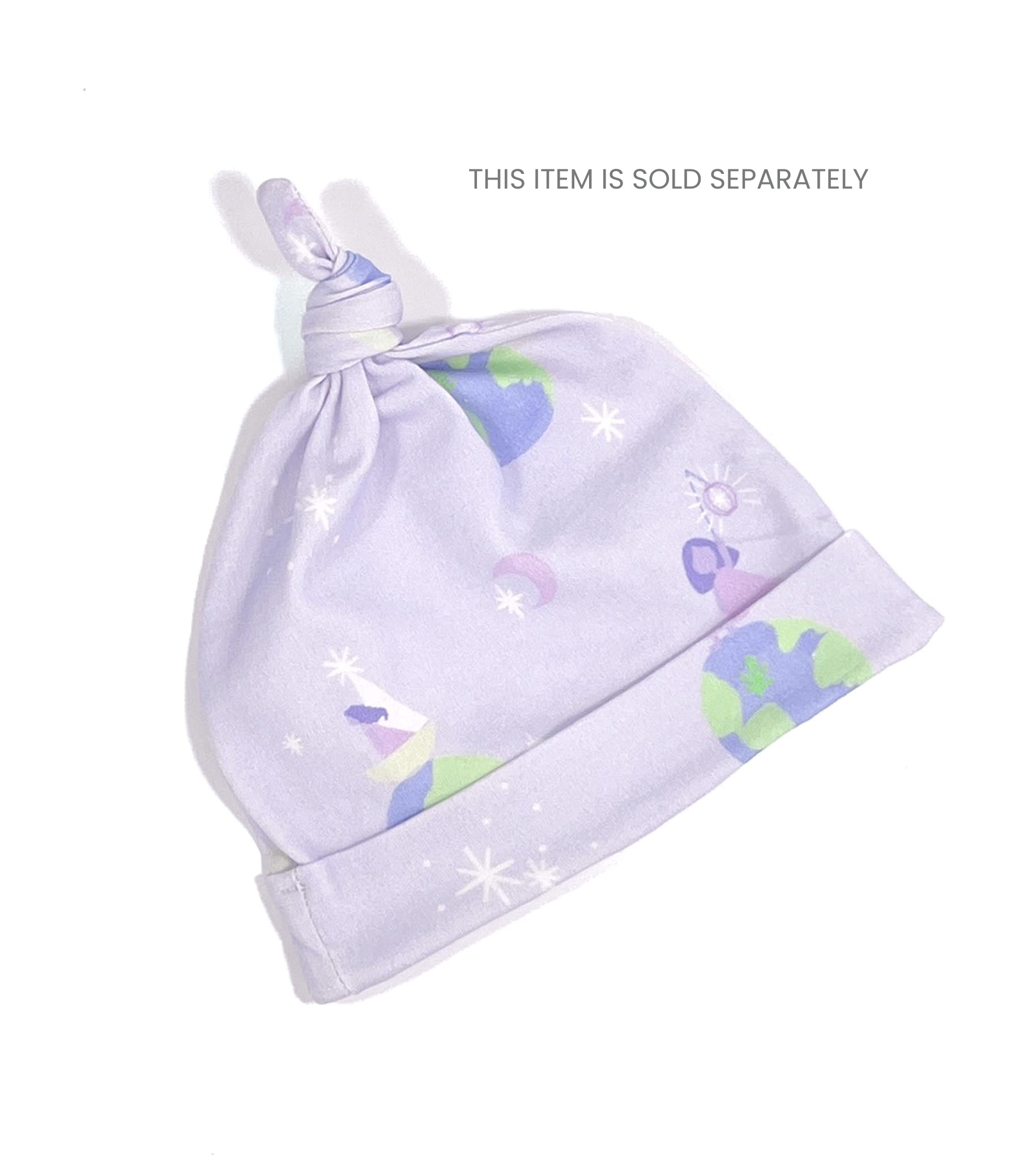 Knotted lavender organic baby beanie featuring the "Girl on Top of the World" hand-drawn stars and constellation pattern.