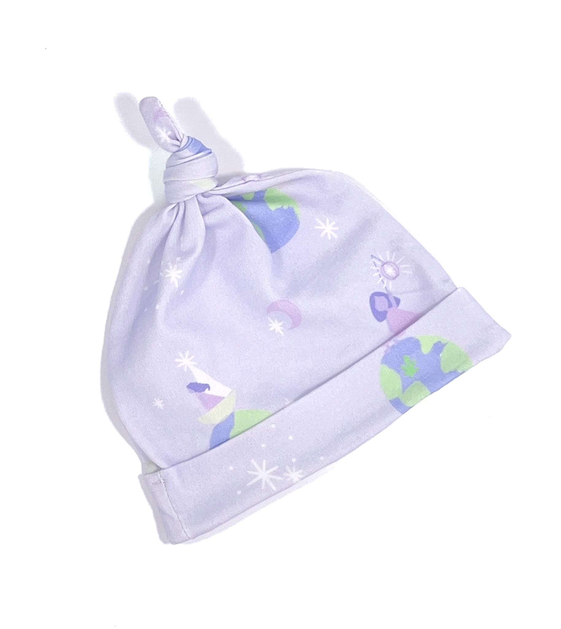 Lavender knotted organic cotton baby beanie hat featuring a little girl on top of the world reaching for the stars.  